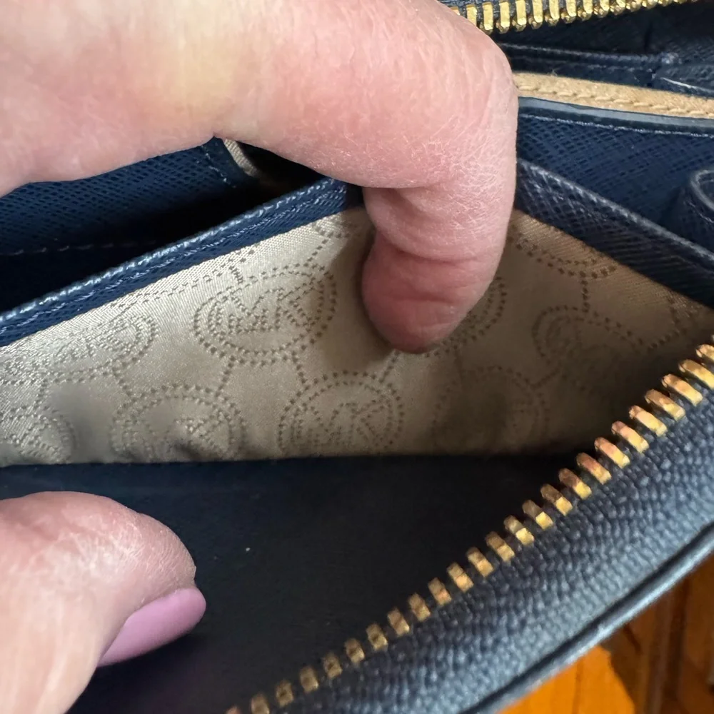 Michael Kors Blue/White Leather Striped Zip Around Wallet